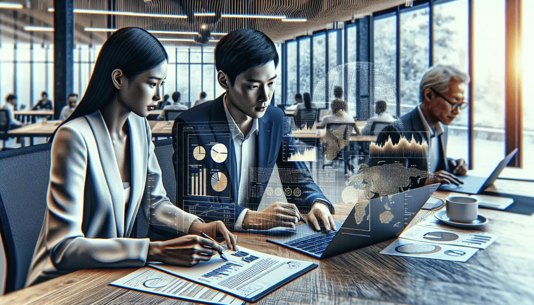 A group of diverse professionals engaged in a procurement meeting in a modern office, featuring a Caucasian female and an Asian male deeply discuss...