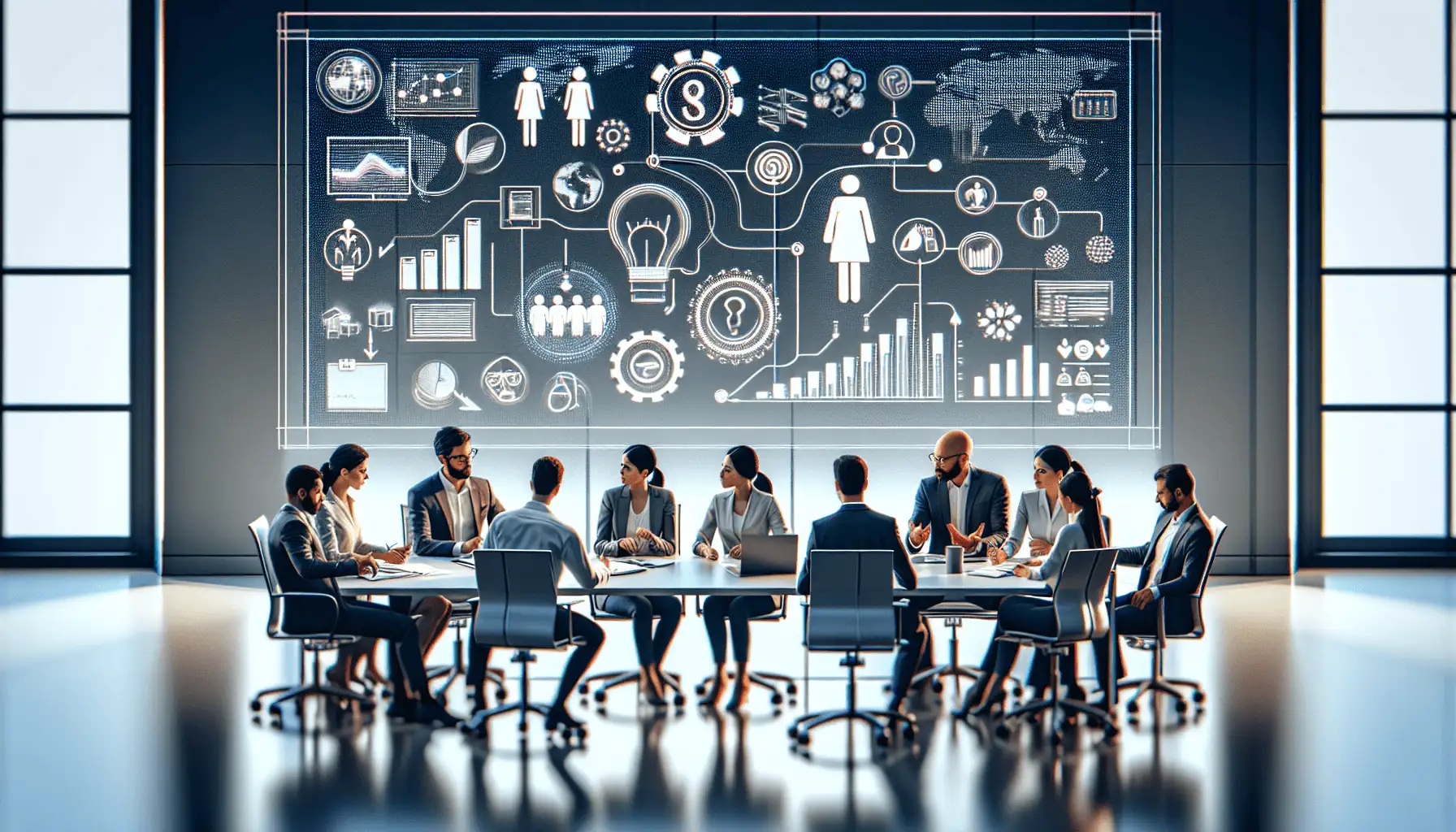 A modern office environment bustling with activity, featuring a Caucasian woman, an Asian man, and a Hispanic woman collaborating around a sleek confe