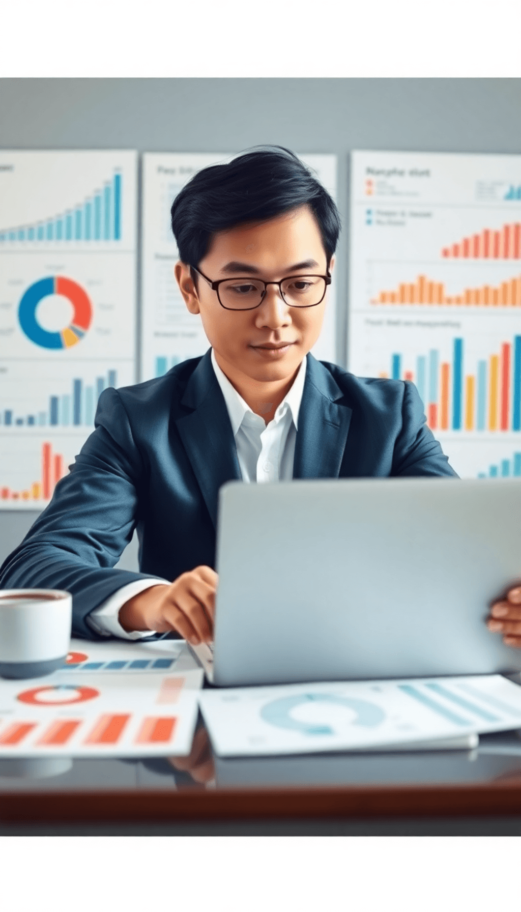 A business professional analyzing procurement data on a laptop, surrounded by graphs and charts illustrating spend management, with a focused expre...