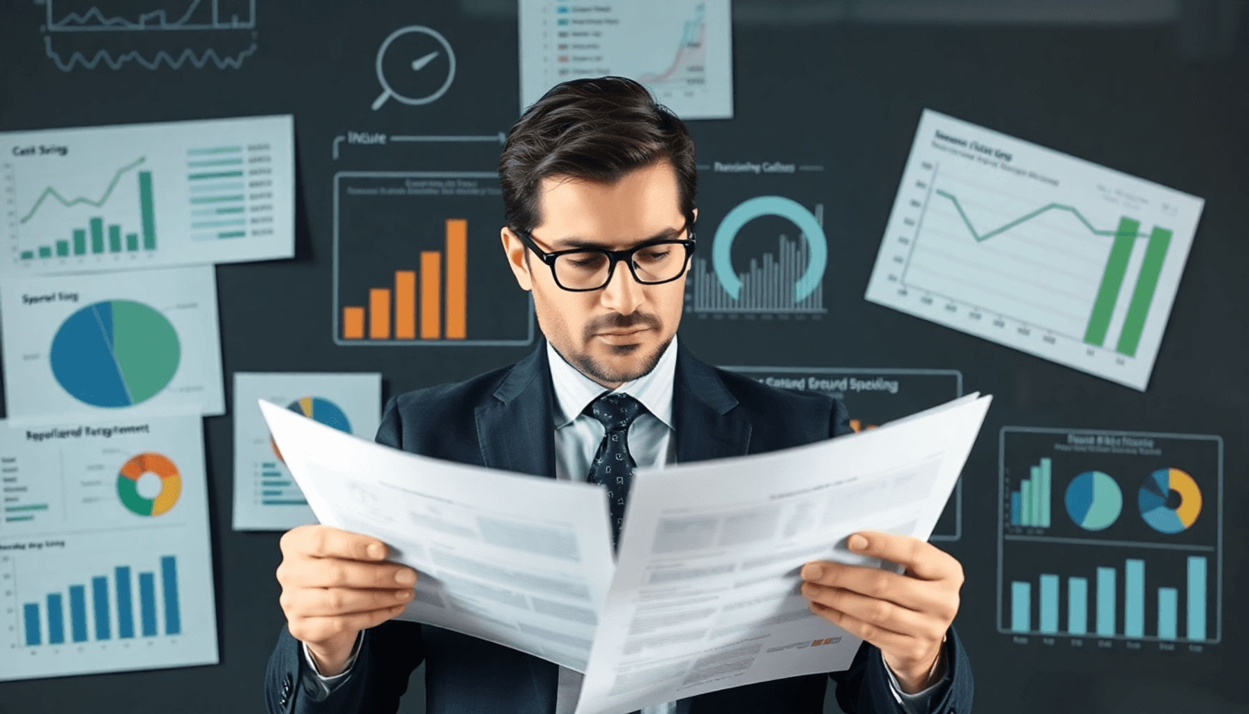 A business professional reviewing financial documents, surrounded by graphs and charts focused on cost savings and budget management.