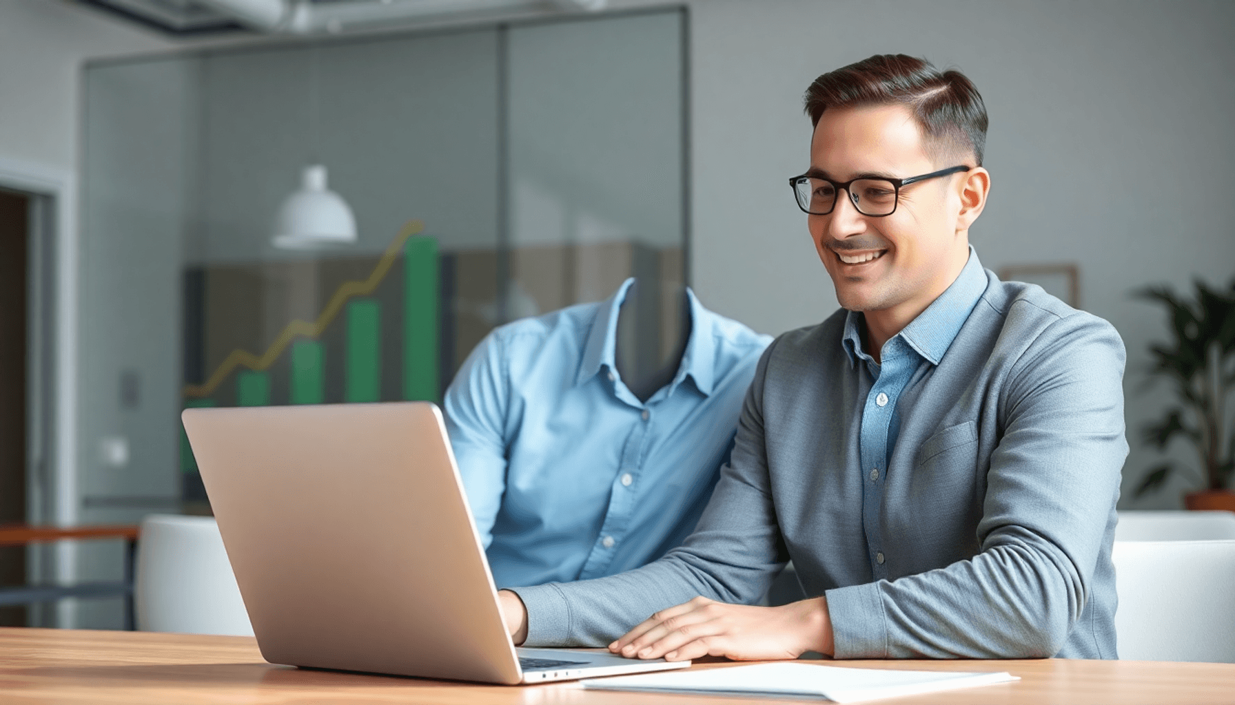 A business professional reviews supplier management software on a laptop in a modern office, surrounded by charts and graphs symbolizing growth and...