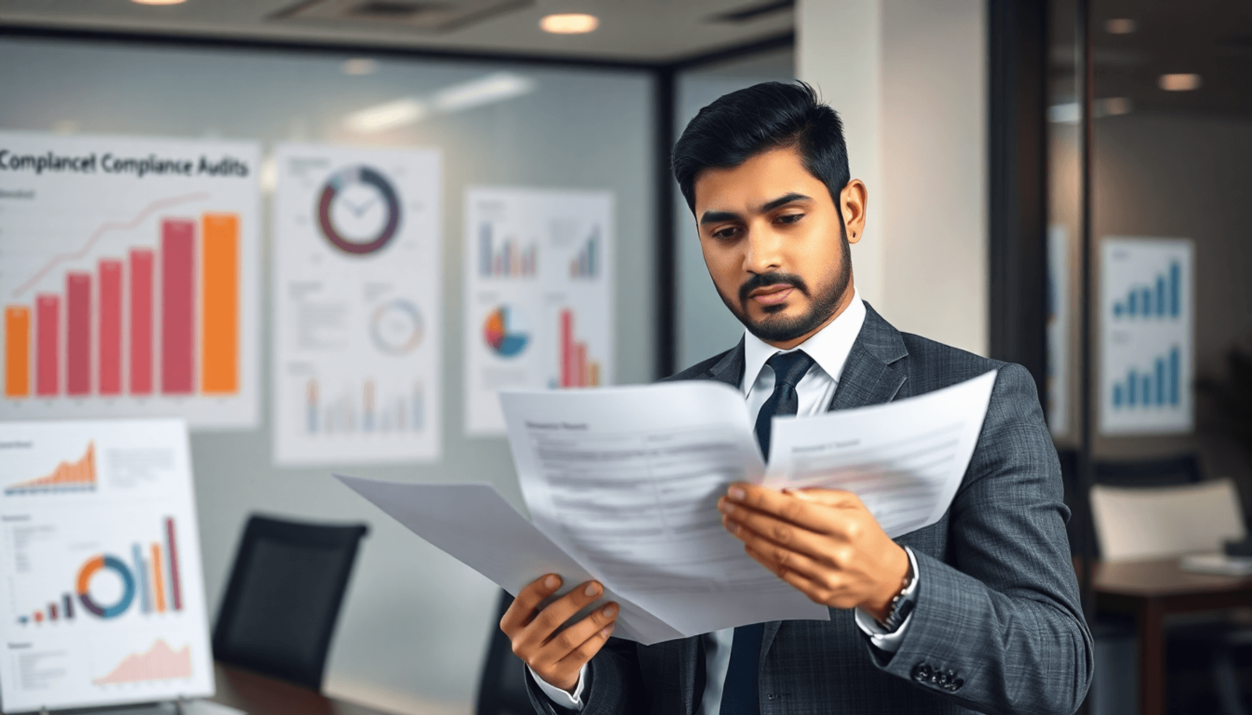 A confident business professional reviewing financial documents in a modern office, surrounded by charts and graphs, symbolizing contract complianc...