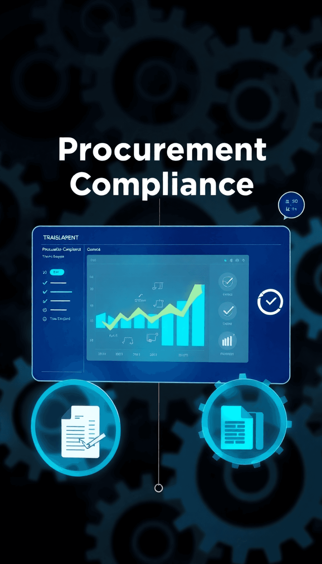 A digital dashboard showcasing graphs and checklists for procurement compliance, surrounded by icons of legal documents and financial risk manageme...