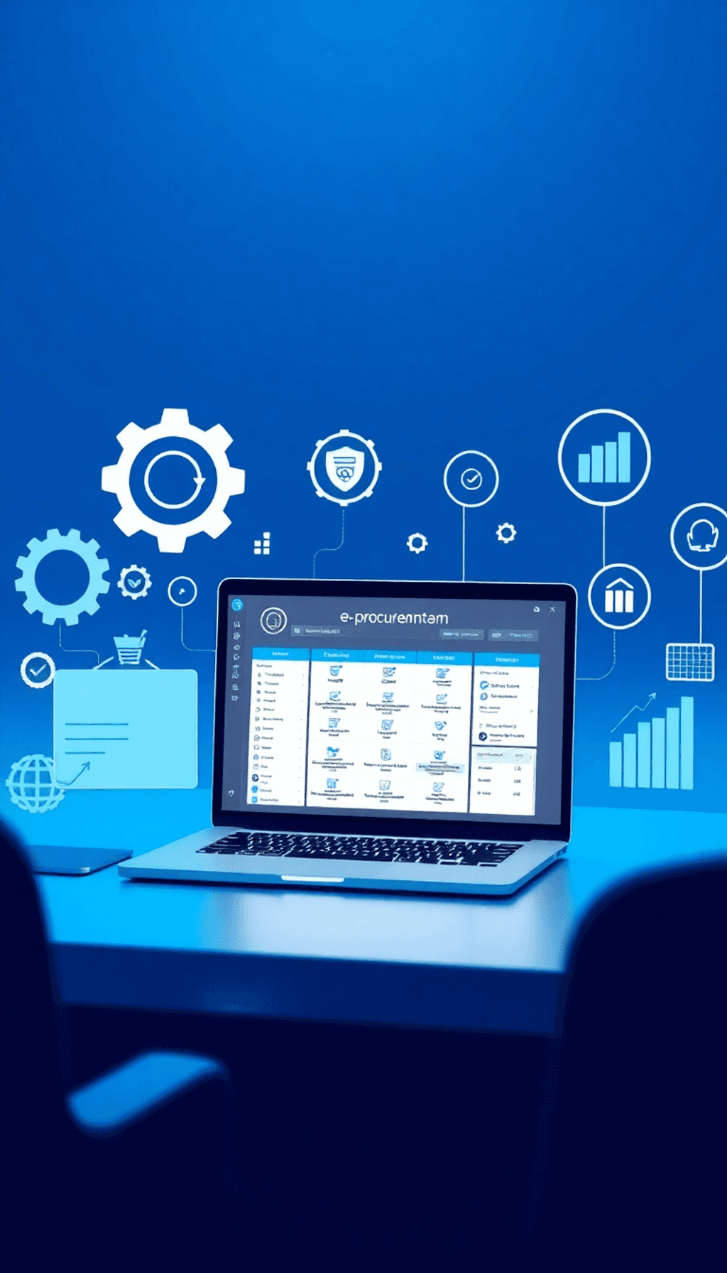 A digital workspace with a laptop showing an e-procurement platform, surrounded by gears, checklists, and graphs in a professional blue-toned envir...