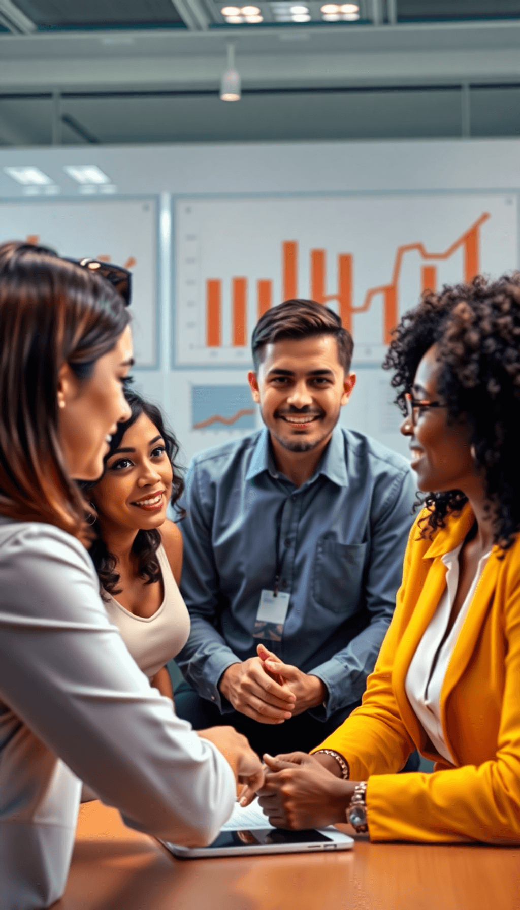 A diverse group of business people collaborates in a modern office, discussing strategies around supplier diversity with charts symbolizing economi...