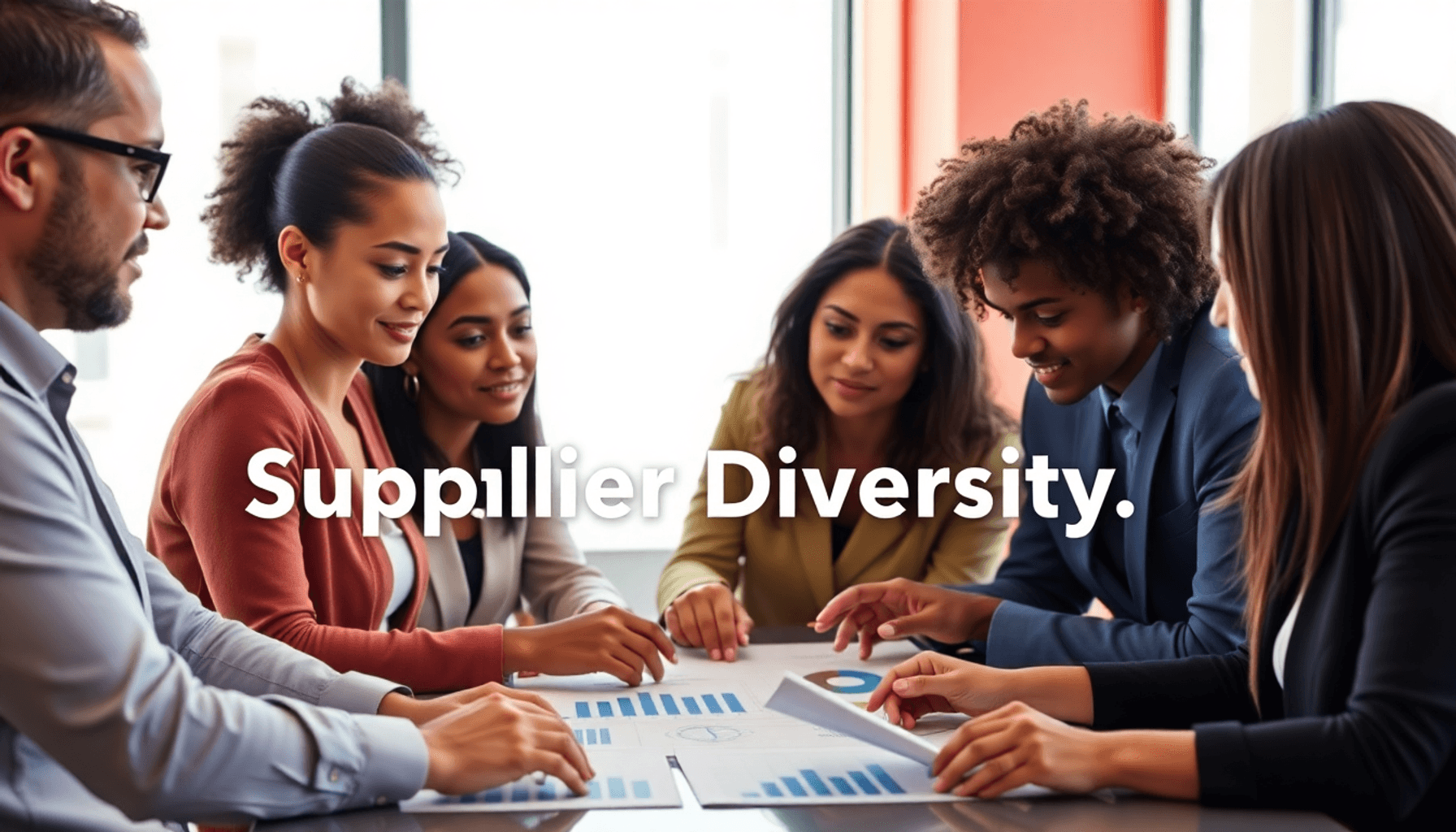 A diverse group of business people engaged in a meeting, discussing supplier diversity goals with charts and documents, set in a bright and profess...