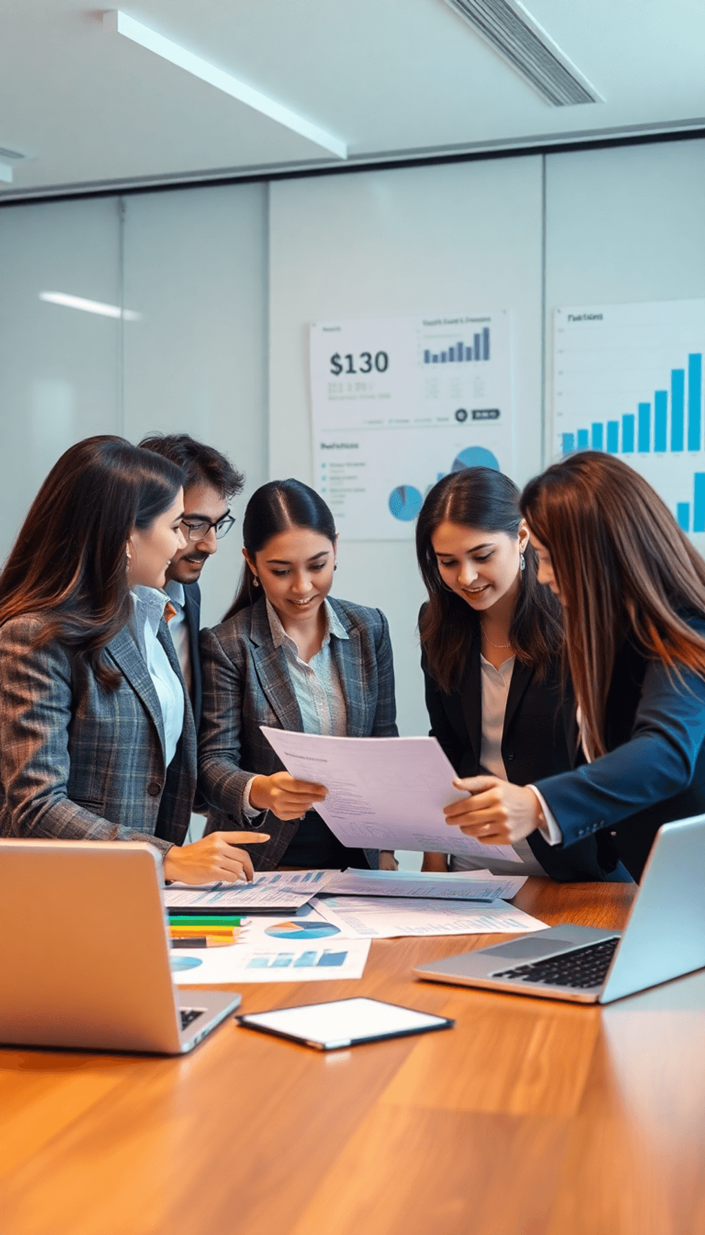 A diverse group of business people engaged in discussion over financial documents in a modern office, surrounded by laptops and charts, symbolizing...