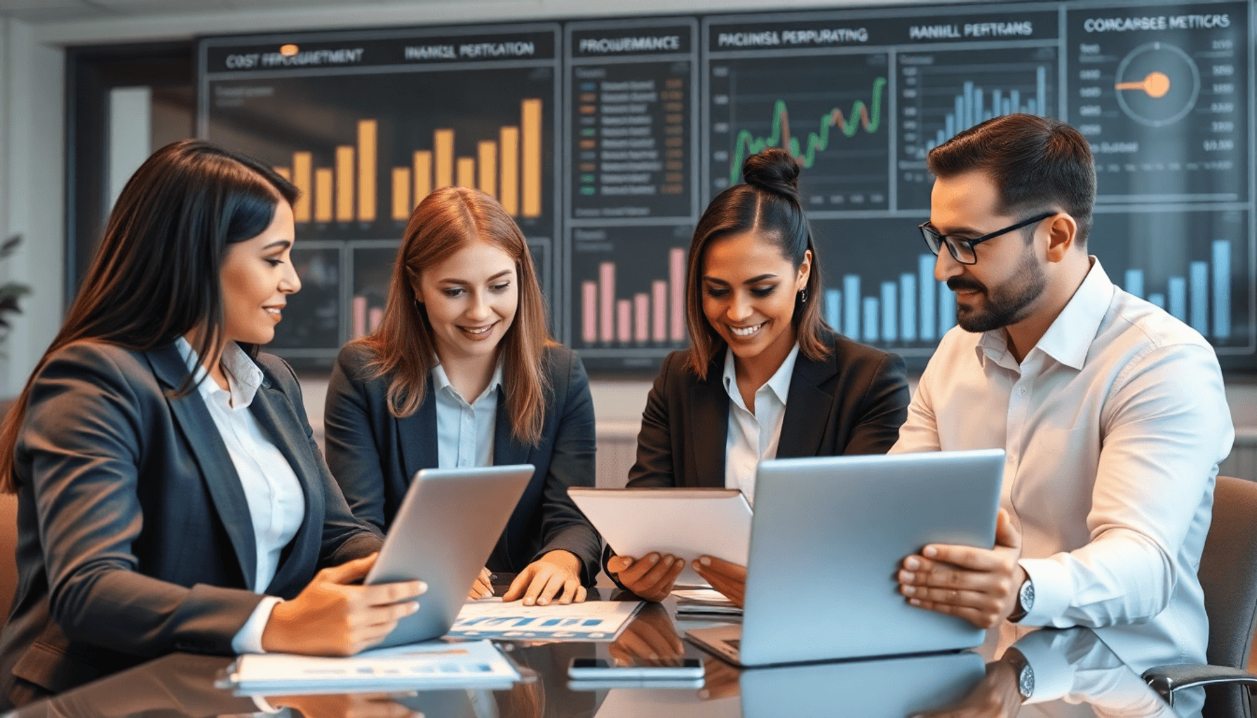 A diverse group of business professionals collaboratively analyzing procurement data on laptops, with charts and financial performance metrics in t...