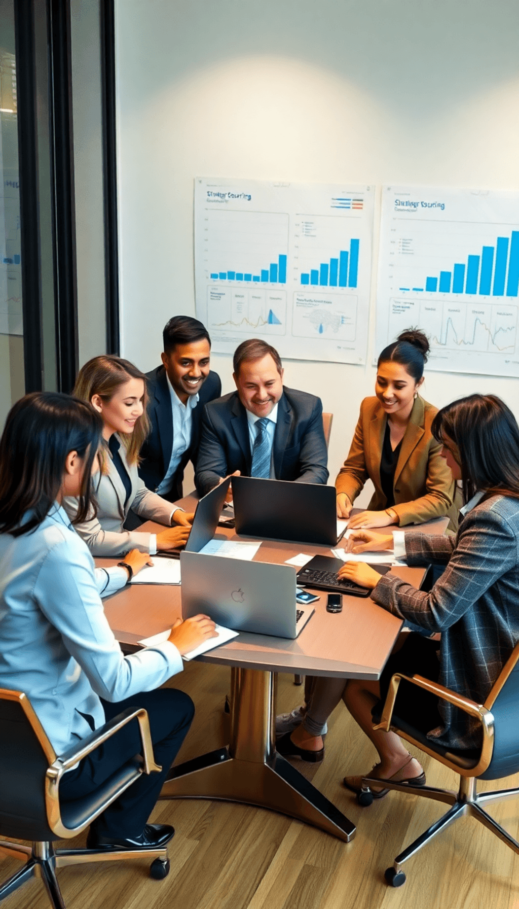 A diverse group of business professionals collaborating around a table with laptops and documents in a modern office, featuring charts on the wall ...