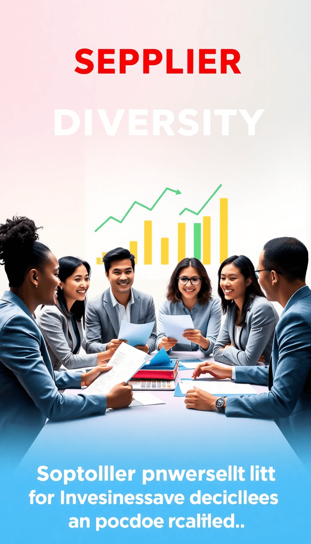 A diverse group of business professionals collaborating around a table with documents and digital devices, discussing supplier diversity initiative...