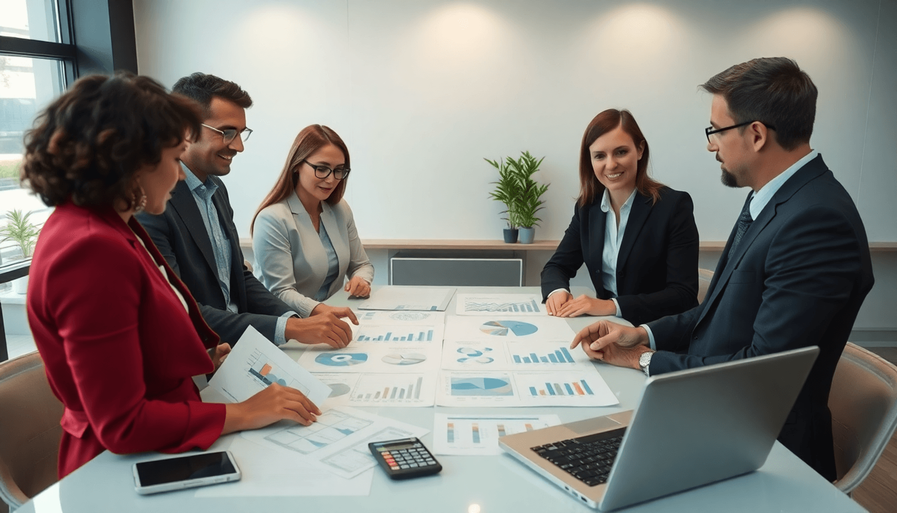 A diverse group of business professionals discussing financial documents and charts, surrounded by laptops and calculators, highlighting collaborat...