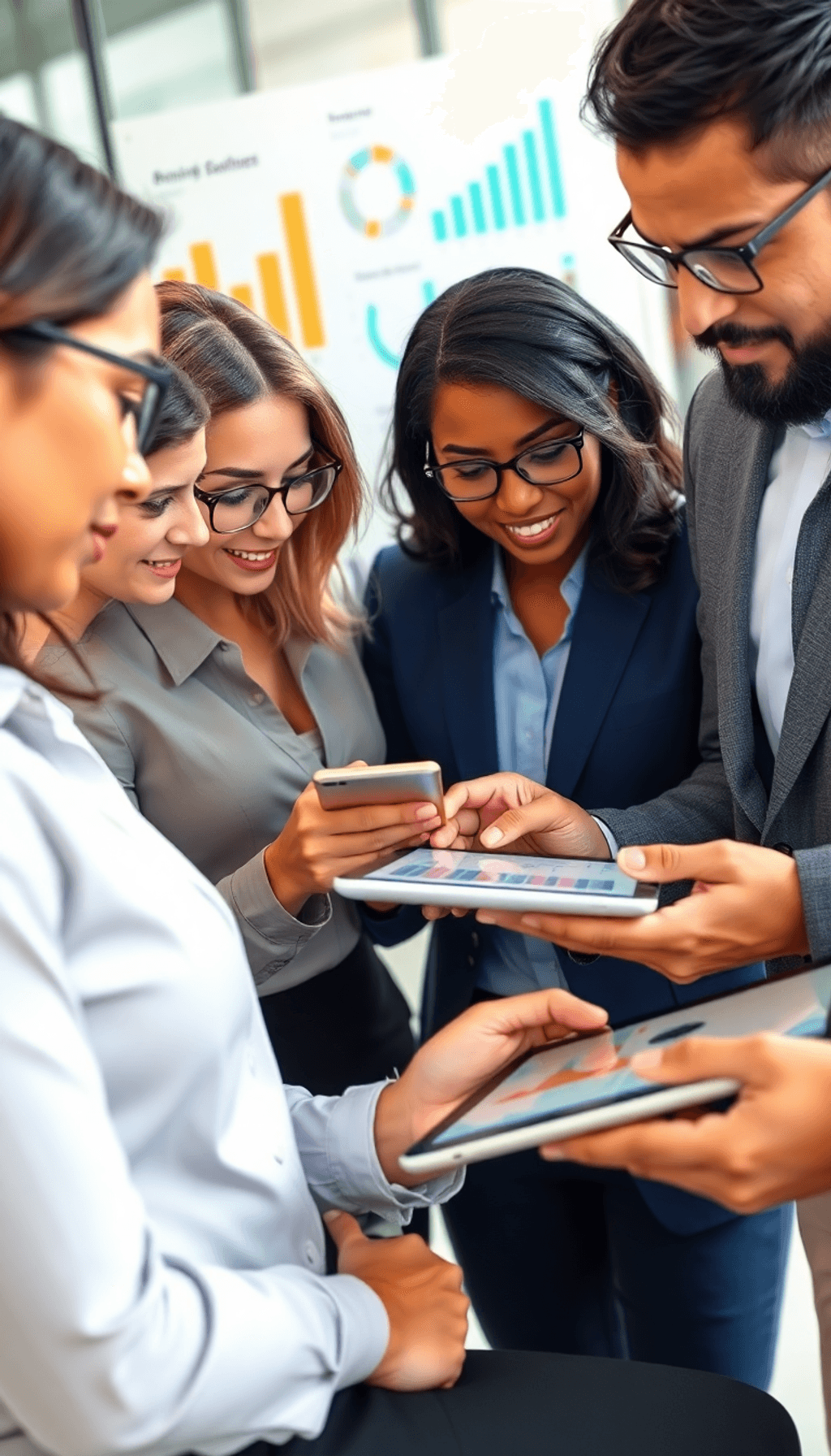 A diverse group of business professionals engaged in a strategic meeting, analyzing data on digital devices with charts and graphs visible in a mod...