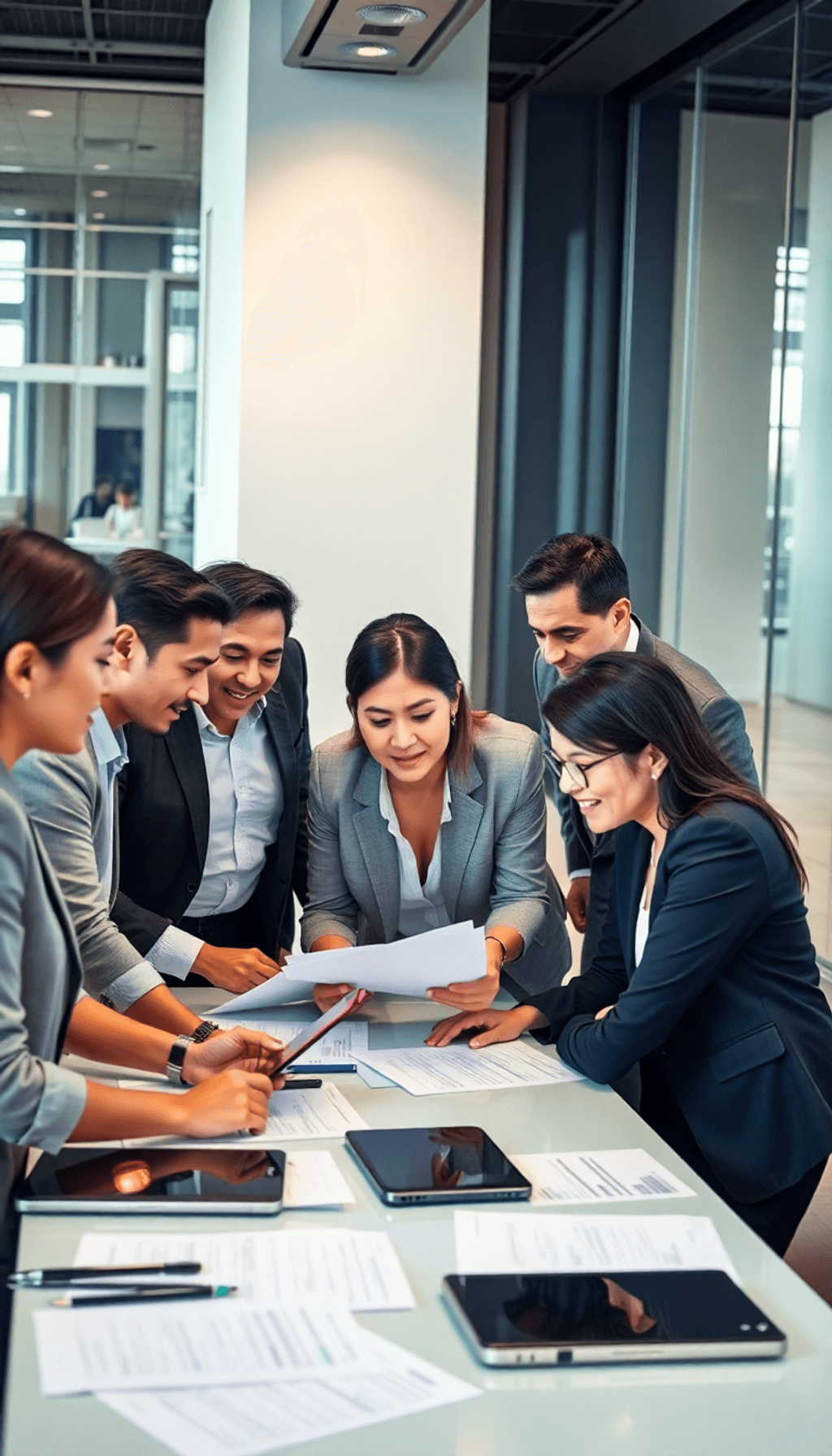 A diverse group of business professionals engaged in a collaborative discussion around a table with documents and digital devices in a modern offic...