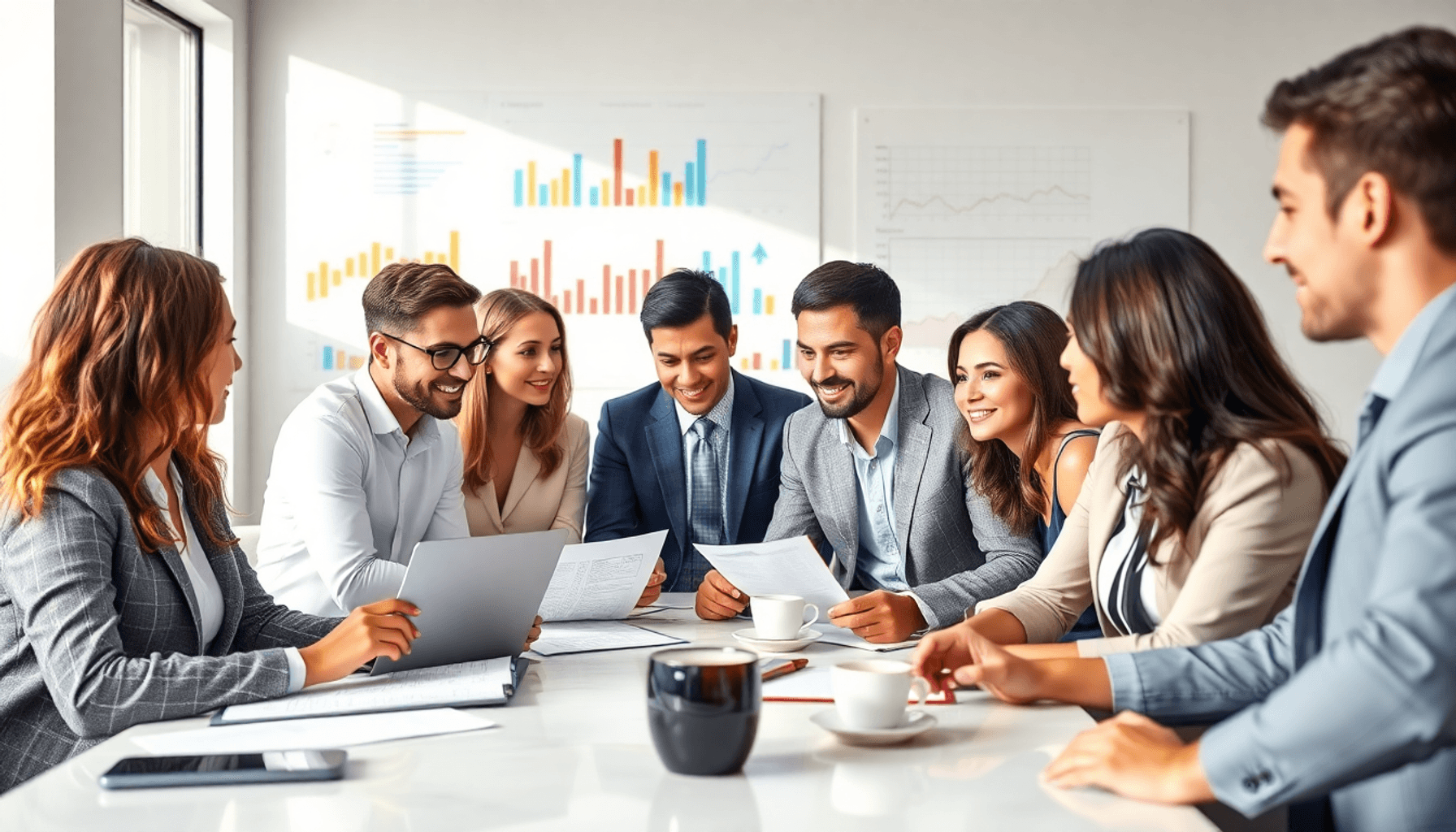 A diverse group of business professionals in a bright, modern office discussing supplier contracts, surrounded by charts, laptops, and documents, e...