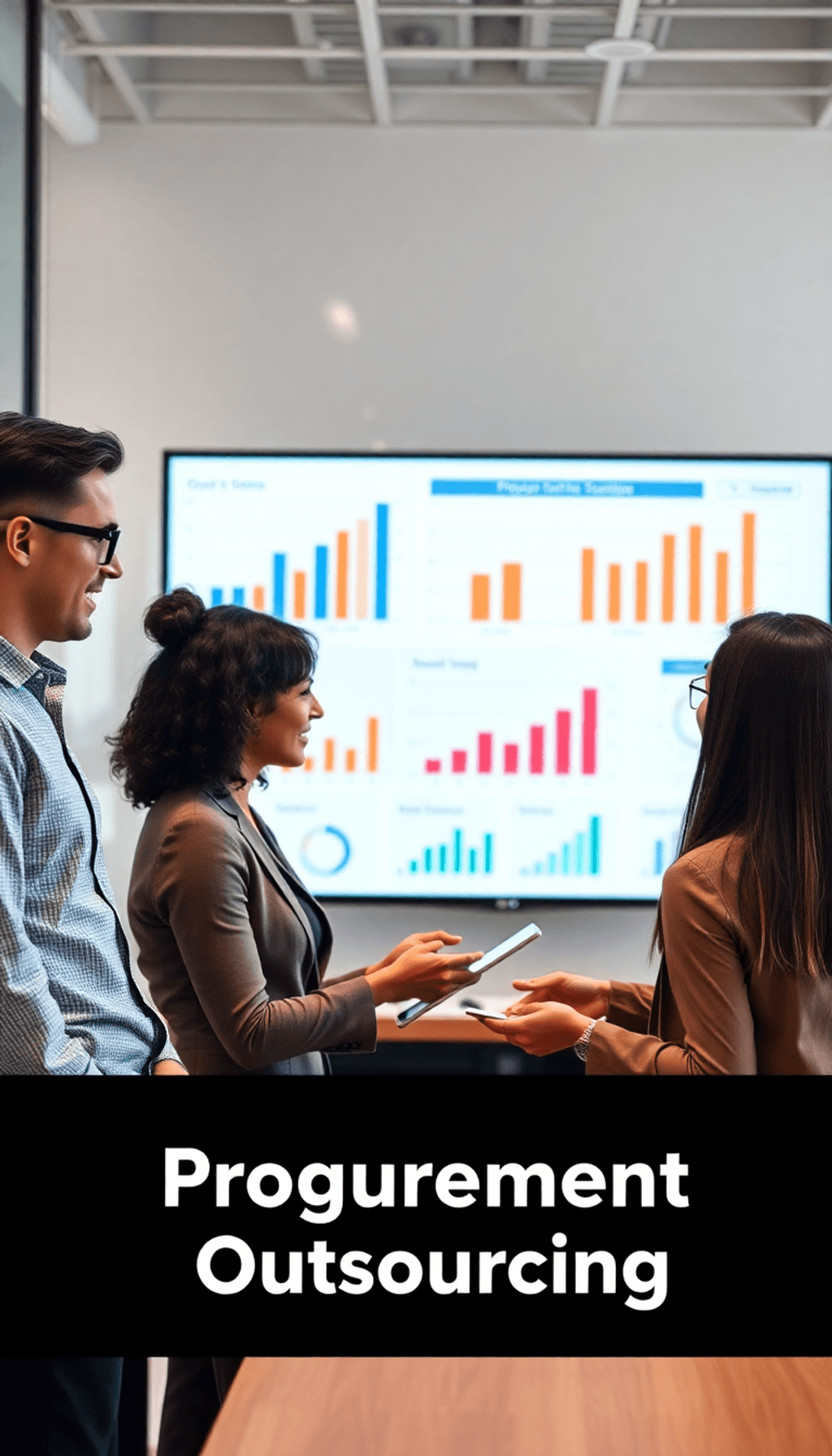 A diverse group of professionals collaborate in a modern office, discussing procurement strategies with charts on a screen, showcasing teamwork and...