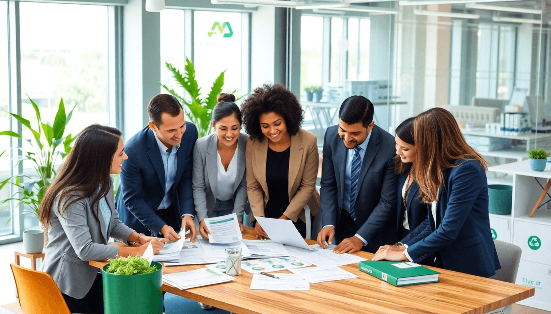 A diverse group of professionals collaborates around a table with eco-friendly materials in a modern office, featuring plants and recycling bins.