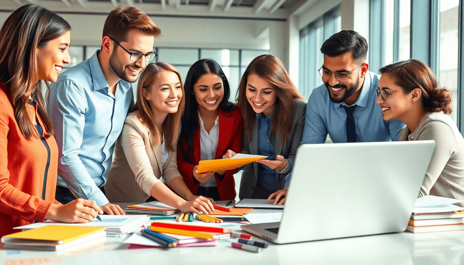 A diverse group of professionals collaborates around a table with office supplies, charts on a laptop in the background, showcasing teamwork in a b...