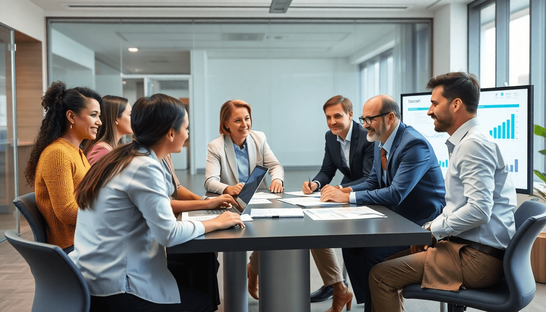 A diverse group of professionals collaborates around a table in a modern office, analyzing documents and laptops, with charts displayed on a screen...