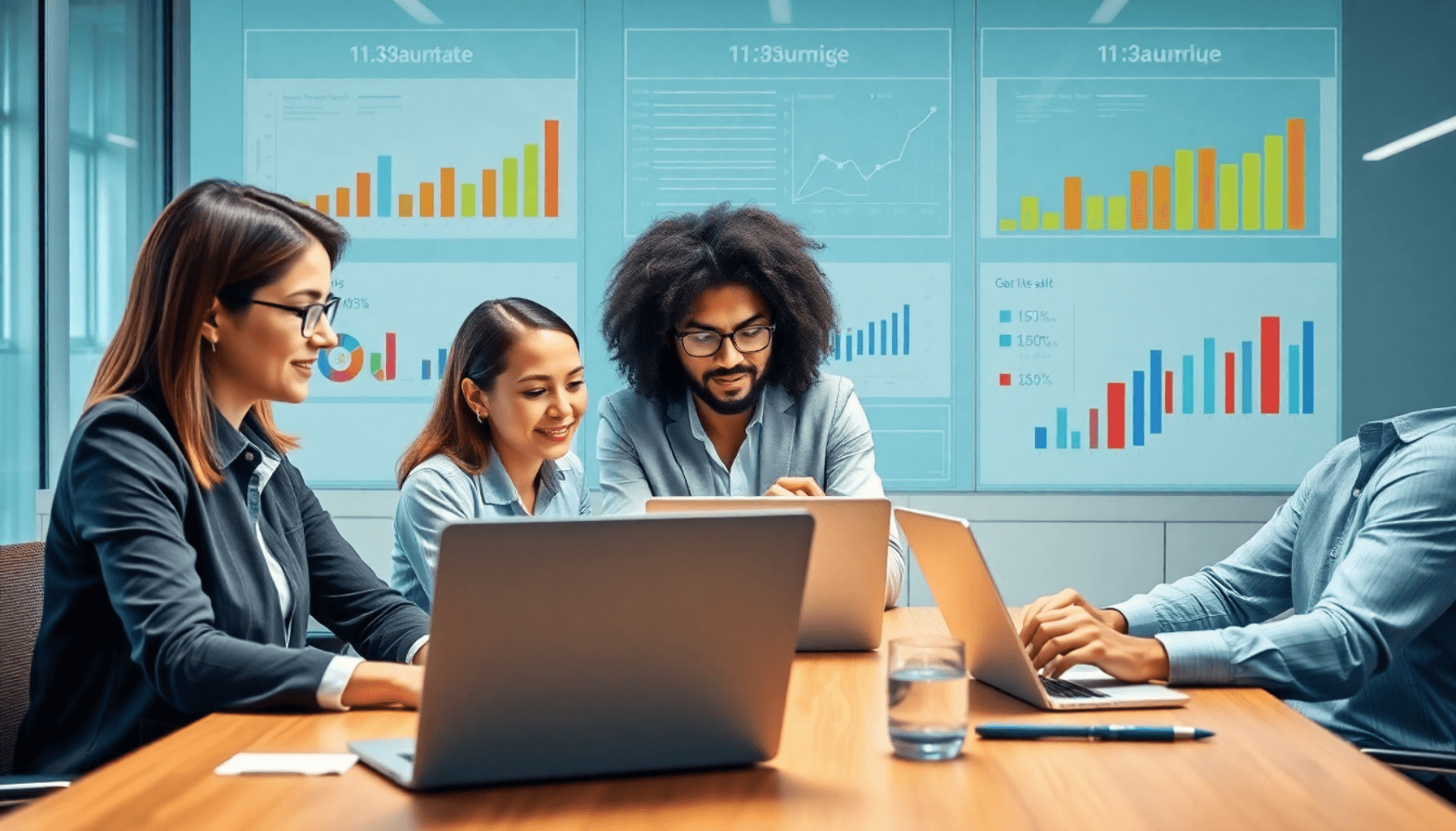 A diverse group of professionals collaborates around a table with laptops and tablets, analyzing digital procurement data amidst colorful charts an...