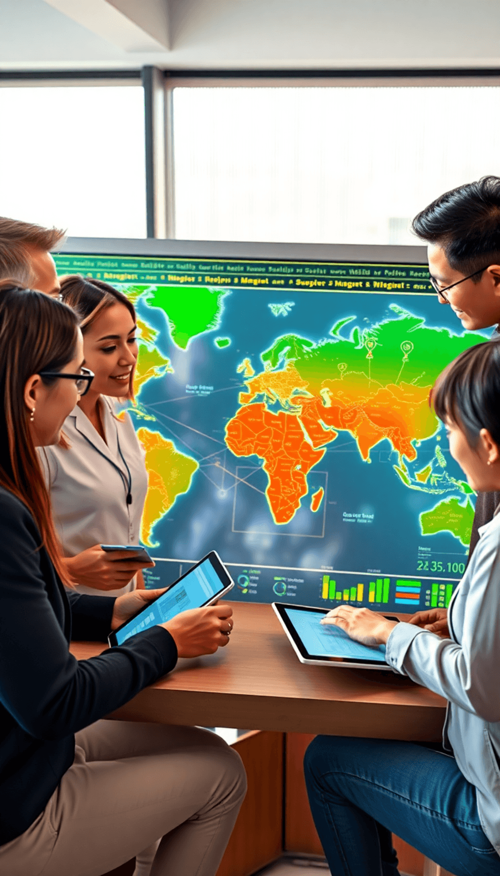 A diverse group of professionals collaborates around a large digital map of supply chain networks, using laptops and tablets in a modern, innovativ...