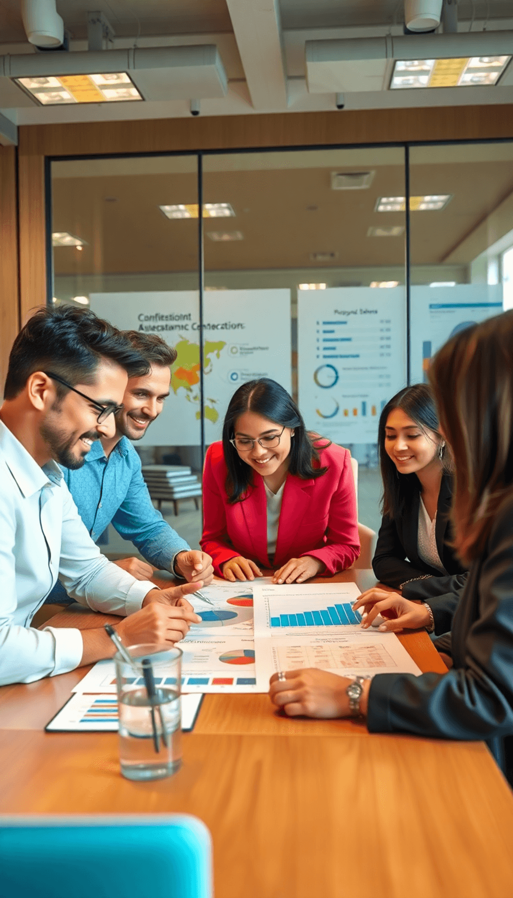 A diverse group of professionals collaborates in a meeting room, discussing documents and charts that symbolize teamwork and cost-saving strategies.