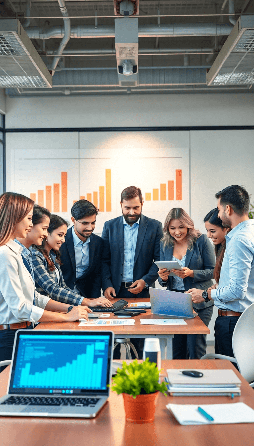 A diverse group of professionals collaborates in a modern office, using digital devices and charts to emphasize teamwork and innovation in procurem...