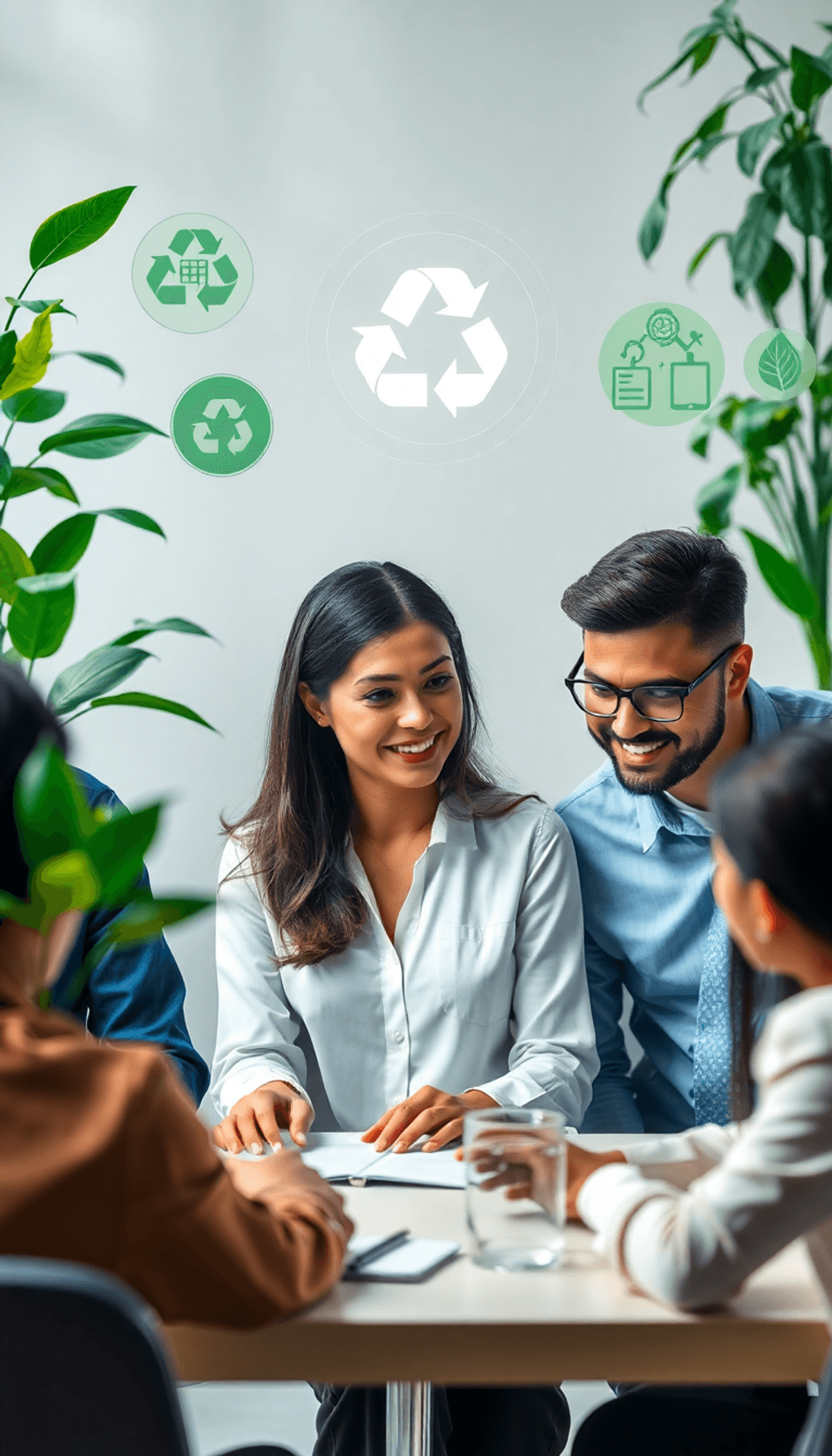 A diverse group of professionals collaborates in a bright meeting space, surrounded by green plants and sustainability symbols, reflecting innovati...