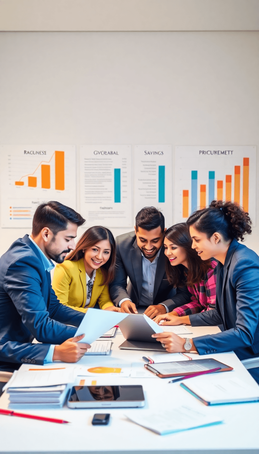 A diverse group of professionals collaborating around a table with technology products and procurement documents, surrounded by charts and graphs i...