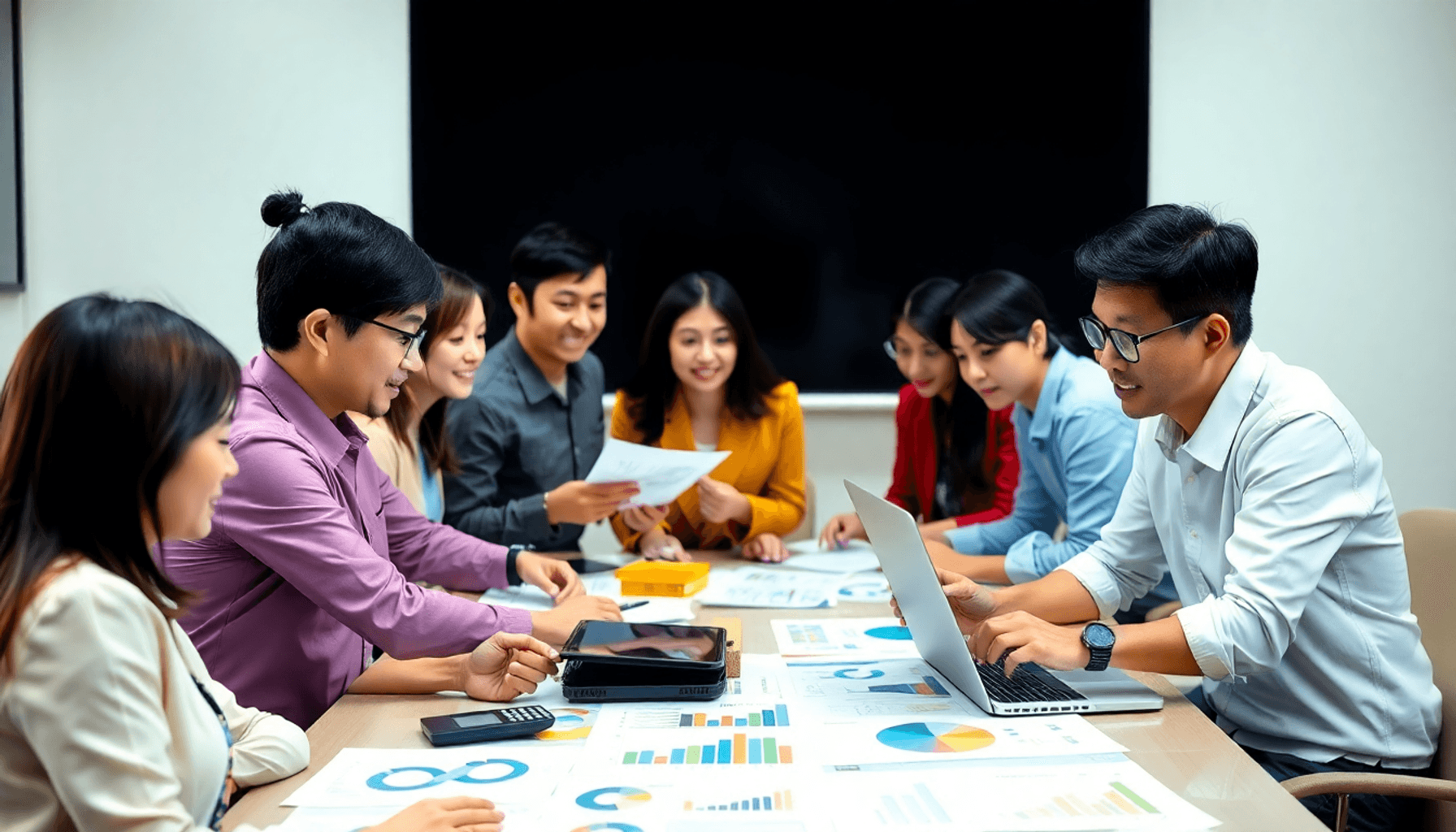 A diverse group of professionals discussing strategies around a table filled with charts and graphs, embodying teamwork and innovation in supply ch...