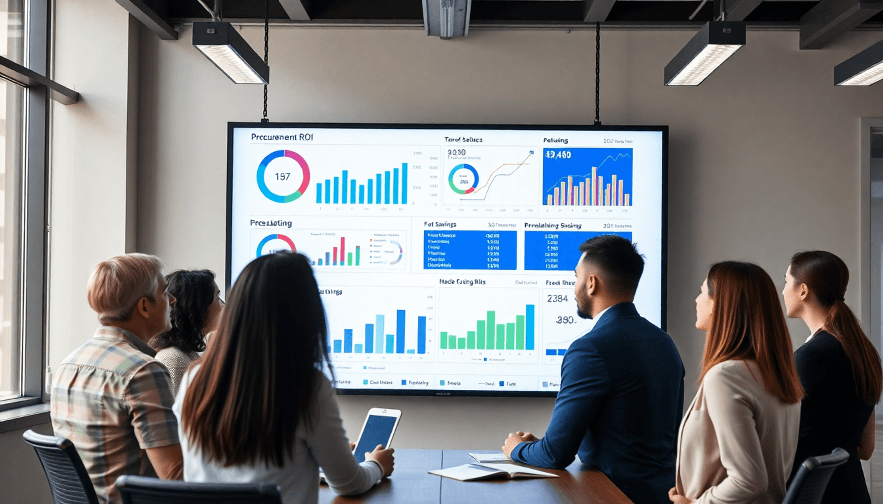 A diverse group of professionals in an office discussing financial data displayed on a large screen, focusing on charts illustrating procurement RO...