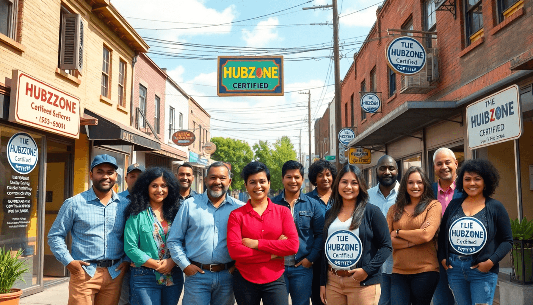 A diverse group of small business owners proudly stands in front of their storefronts, showcasing a bustling neighborhood with "HUBZone Certified" ...