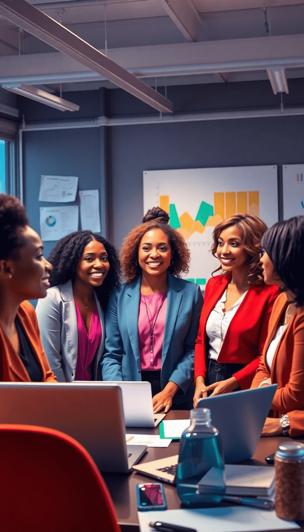 A diverse group of women entrepreneurs collaborating in a business setting, surrounded by laptops, charts, and supplies, embodying innovation and t...