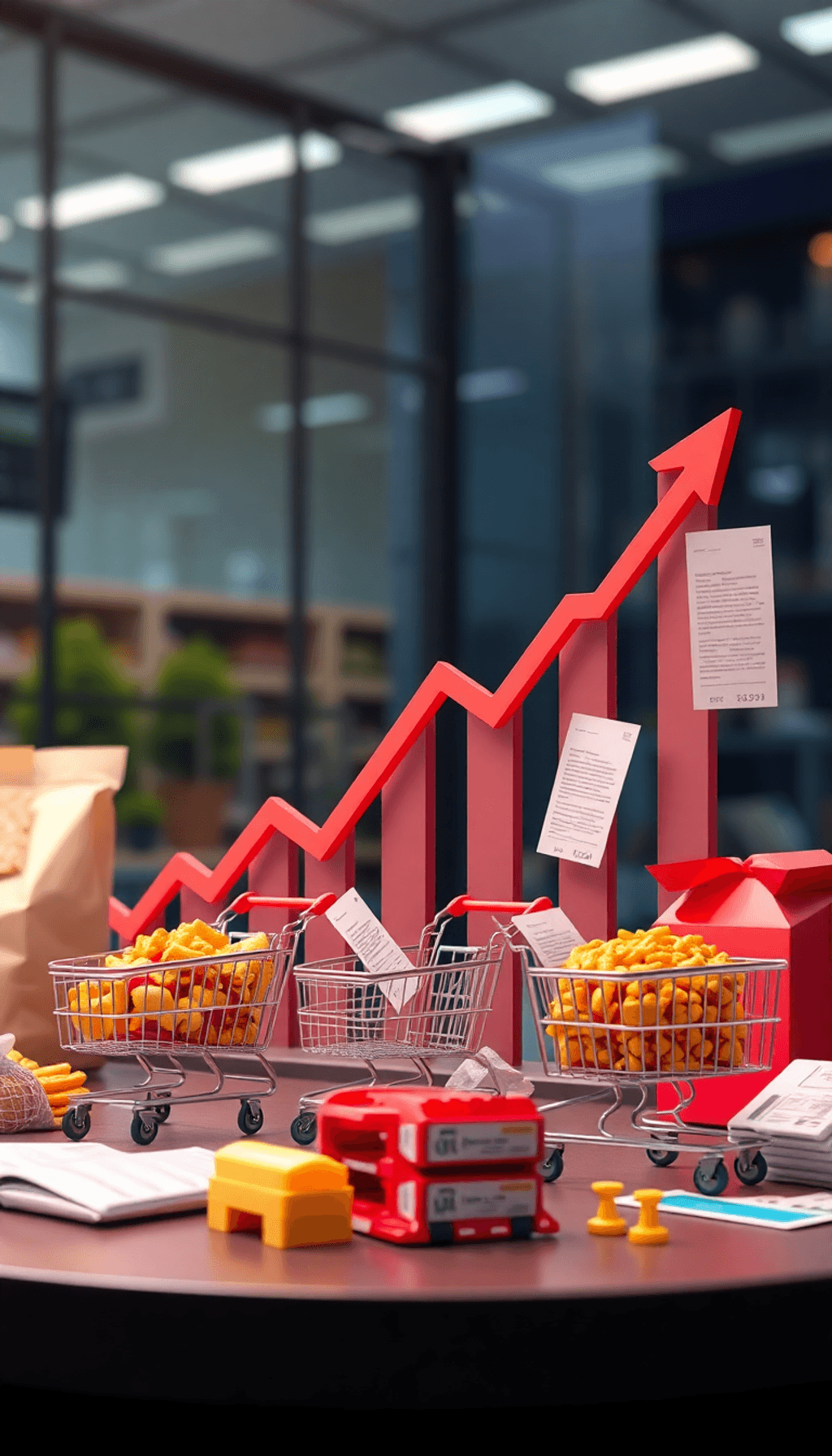 A graph with an upward trend overlaid on symbols of procurement like shopping carts and invoices, set against a business environment background.