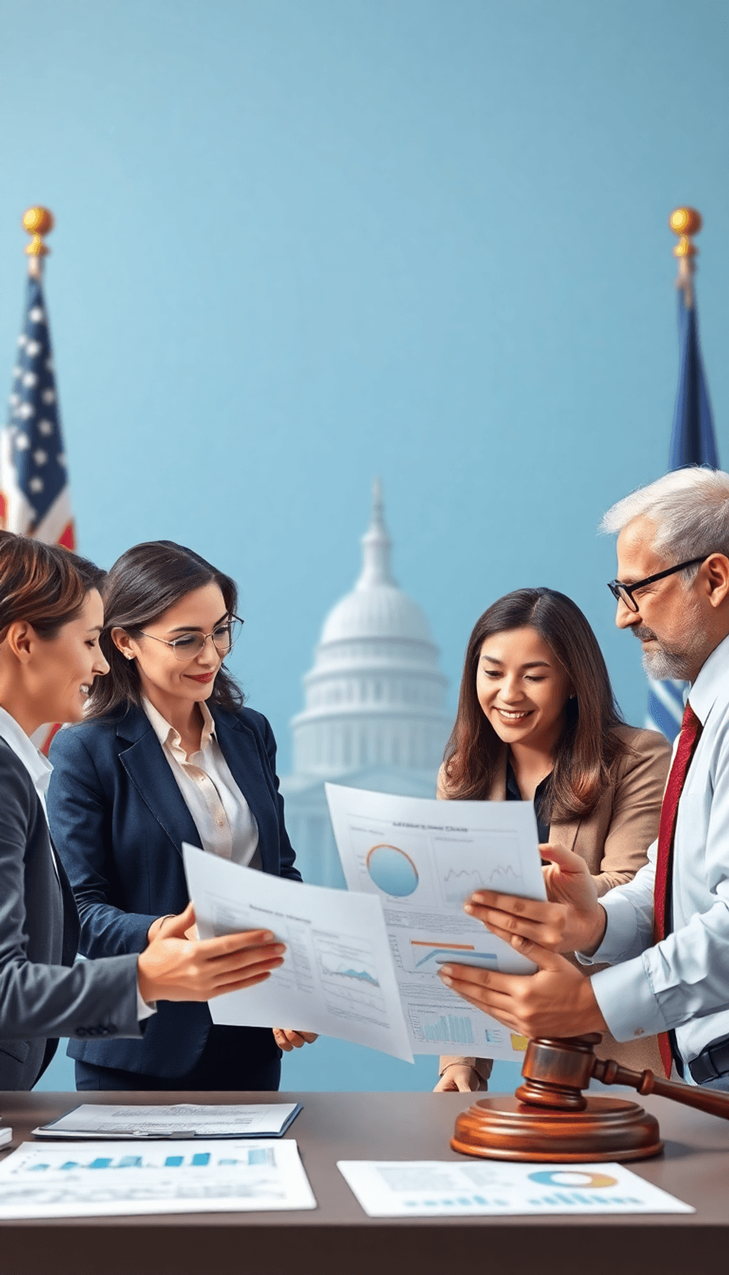 A group of business professionals engaged in a discussion over federal contracting documents, with an American flag and gavel in the background, em...