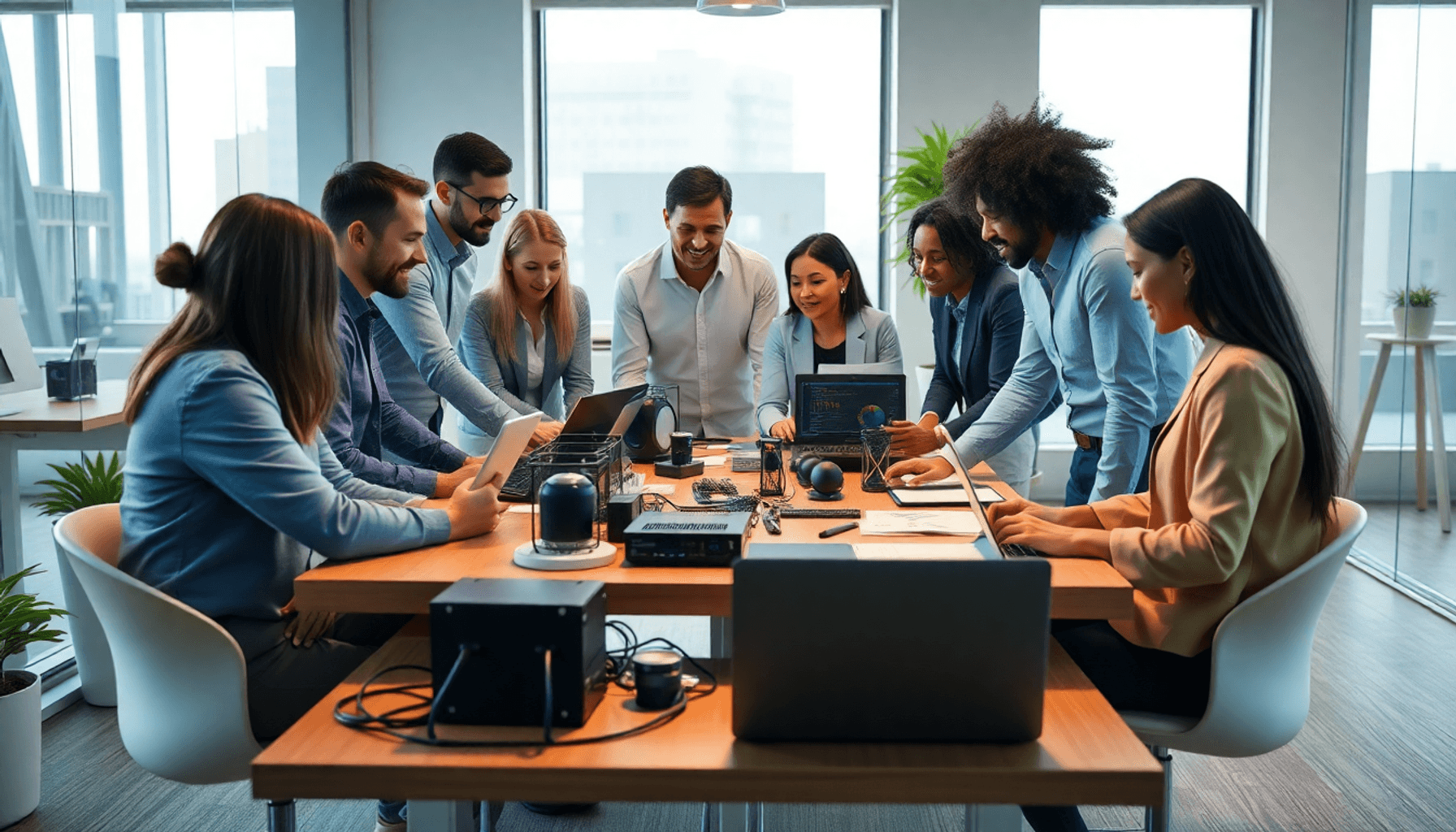 A group of professionals collaborates around a table with IT hardware, charts, and laptops in a bright, modern office, showcasing teamwork and coll...