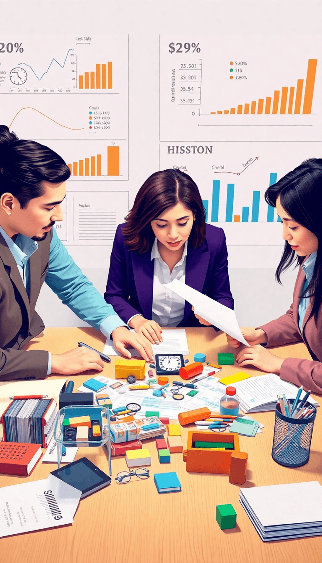 A group of professionals collaborating around a table filled with office supplies and financial documents, with charts and graphs in the background...