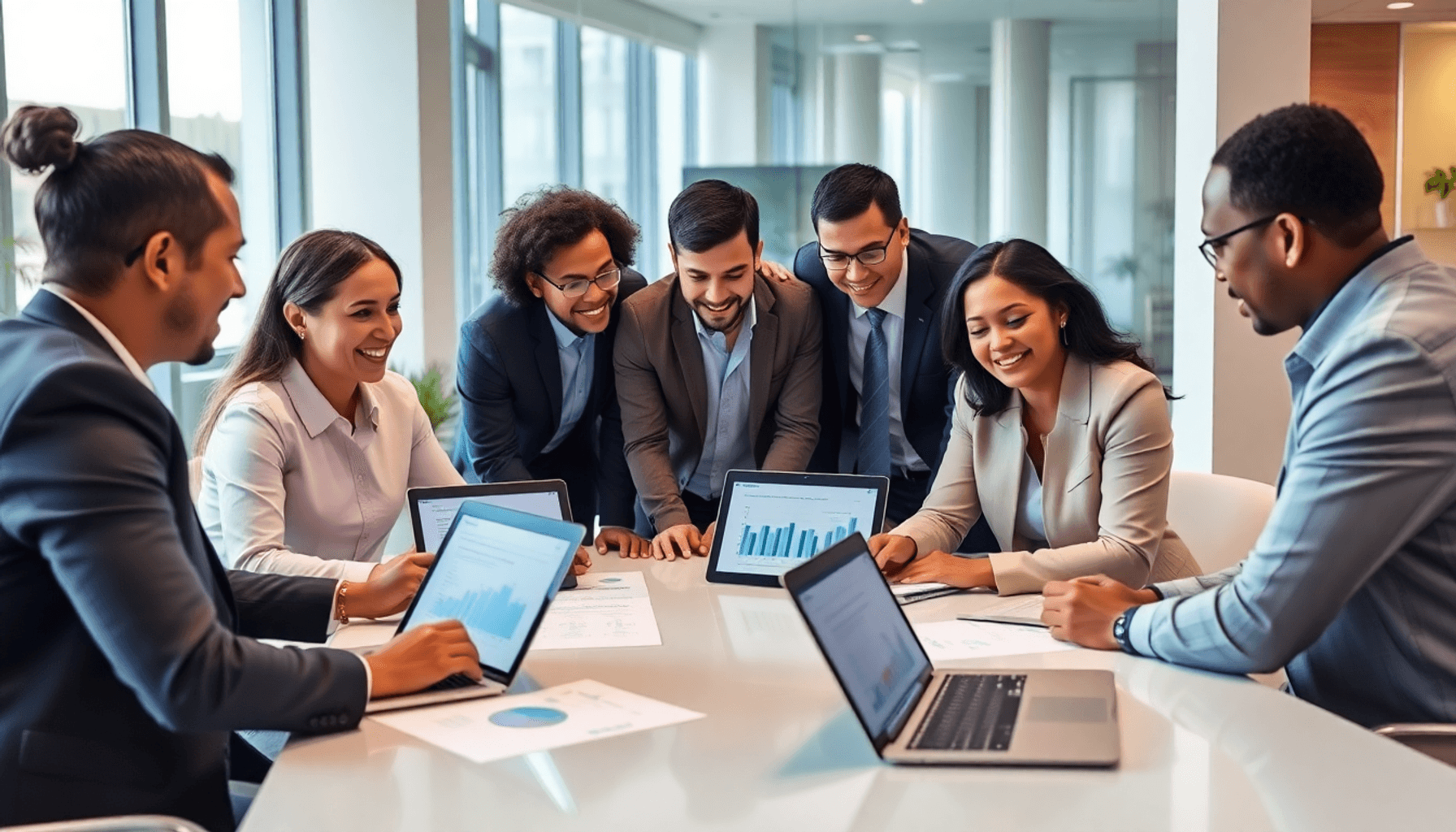 A group of professionals collaborating around a table in a modern office, discussing contracts with charts and graphs on laptops, showcasing teamwo...