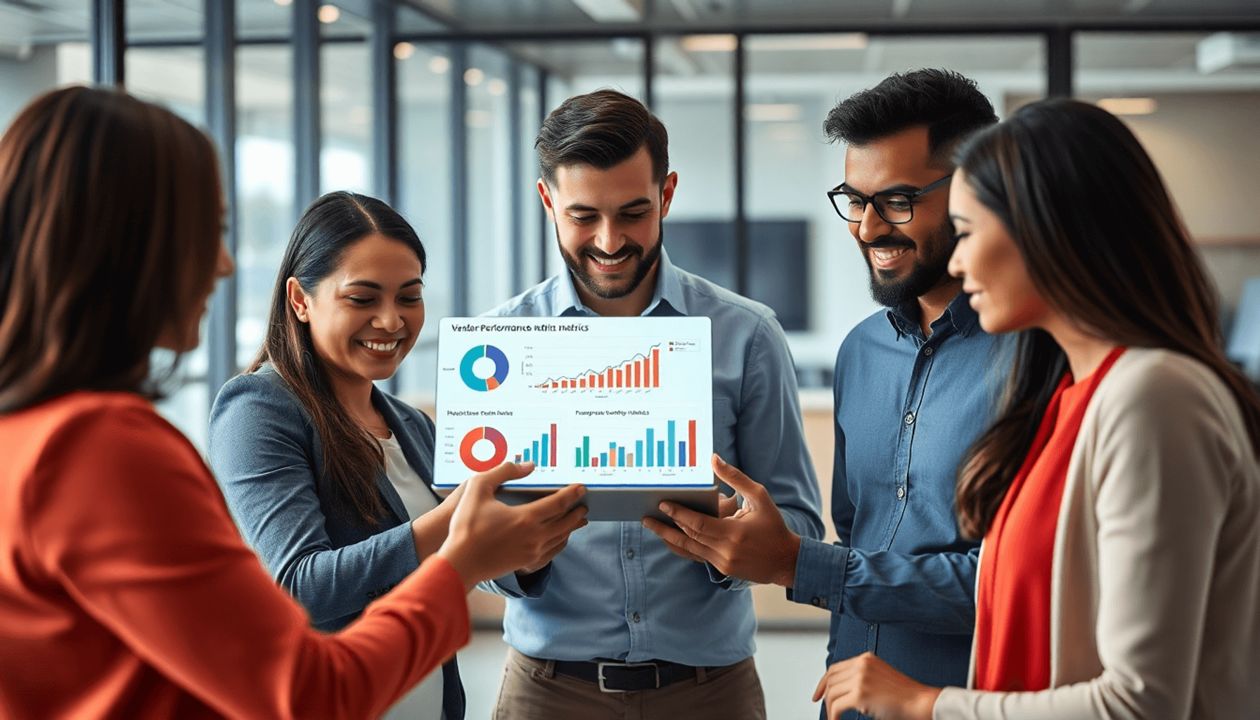 A group of professionals collaborating over a digital tablet displaying charts and graphs in a modern office, emphasizing data-driven decision-maki...