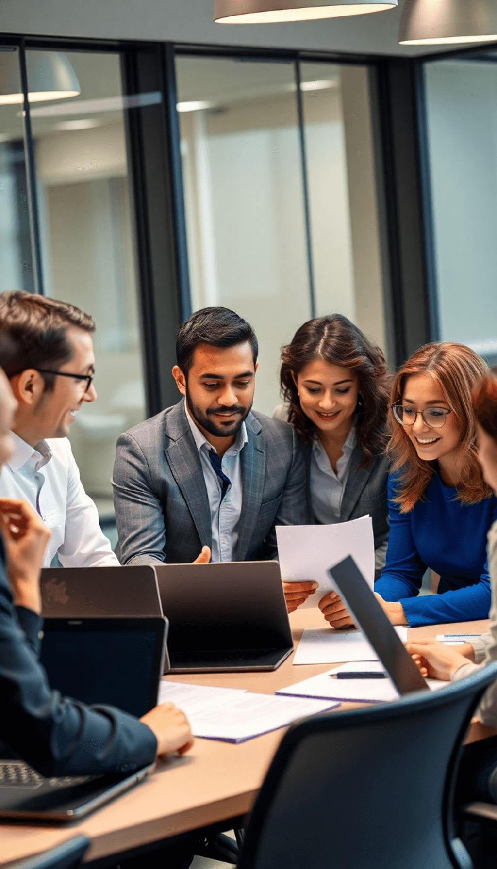 A group of professionals gathered around a table, discussing procurement strategies with documents and laptops, showcasing collaboration in a moder...