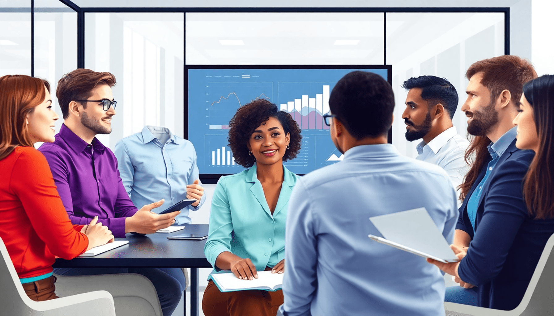 A group of professionals in a conference room, engaged in discussions with charts and graphs on a screen, symbolizing collaboration and teamwork.