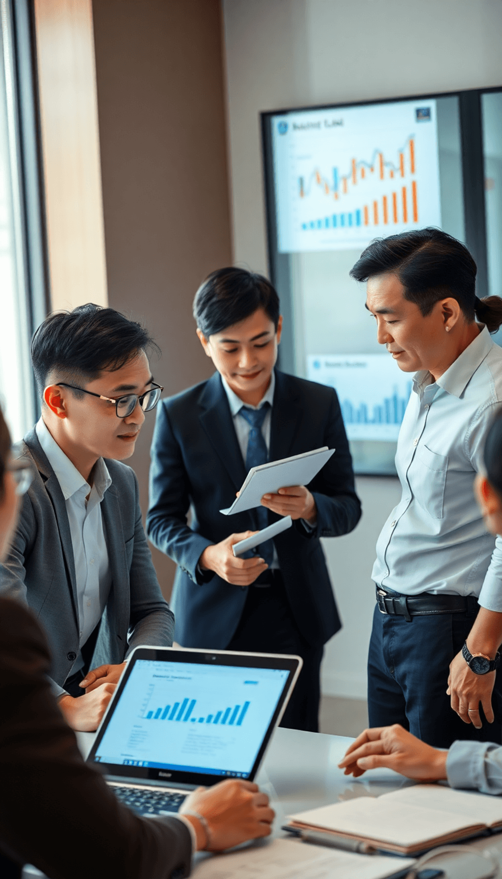 A group of professionals in a meeting, one presenting data on a laptop, while others discuss and take notes, with charts and graphs displayed for s...