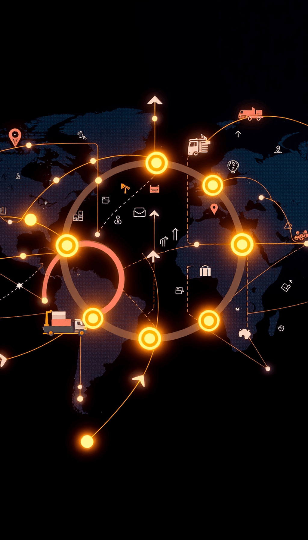 A modern illustration of a global supply chain network with interconnected arrows, cargo ships, trucks, warehouses, and digital technology icons ov...