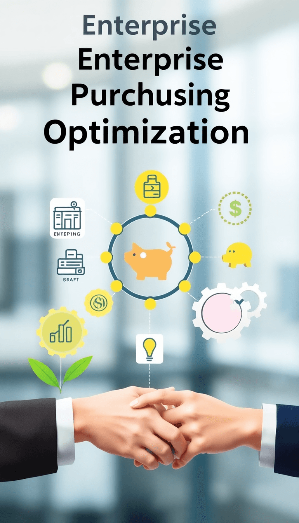 A modern illustration of enterprise purchasing optimization, featuring a supply chain diagram, cost-saving icons, and interconnected gears against ...