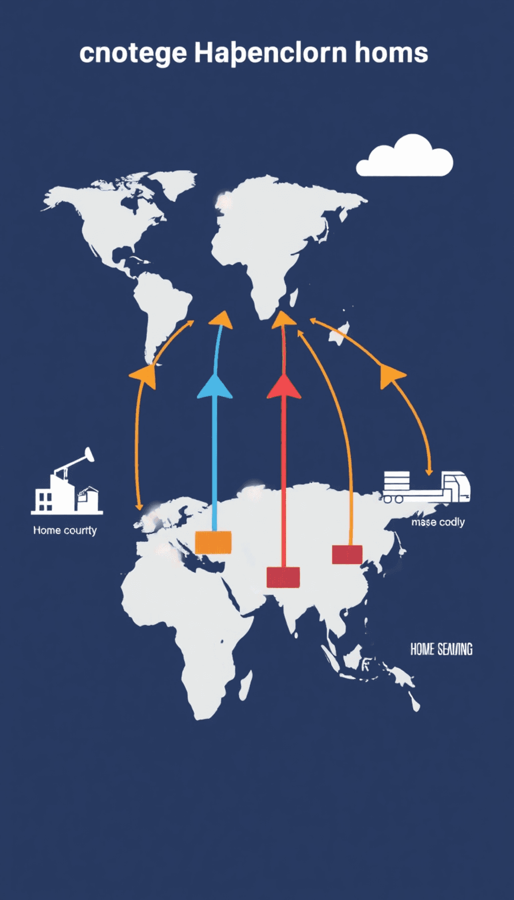 A modern map illustrating reshoring and nearshoring, with arrows from overseas to a home country and nearby regions, featuring factory silhouettes ...