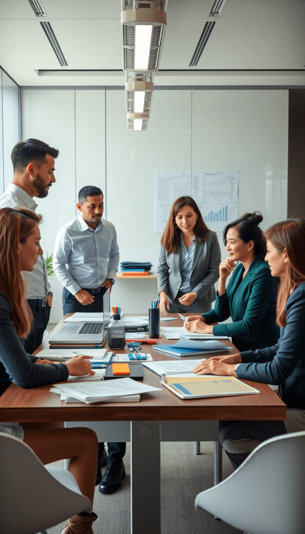 A modern office with a group of business professionals engaged in discussion around a table filled with laptops and documents, conveying collaborat...