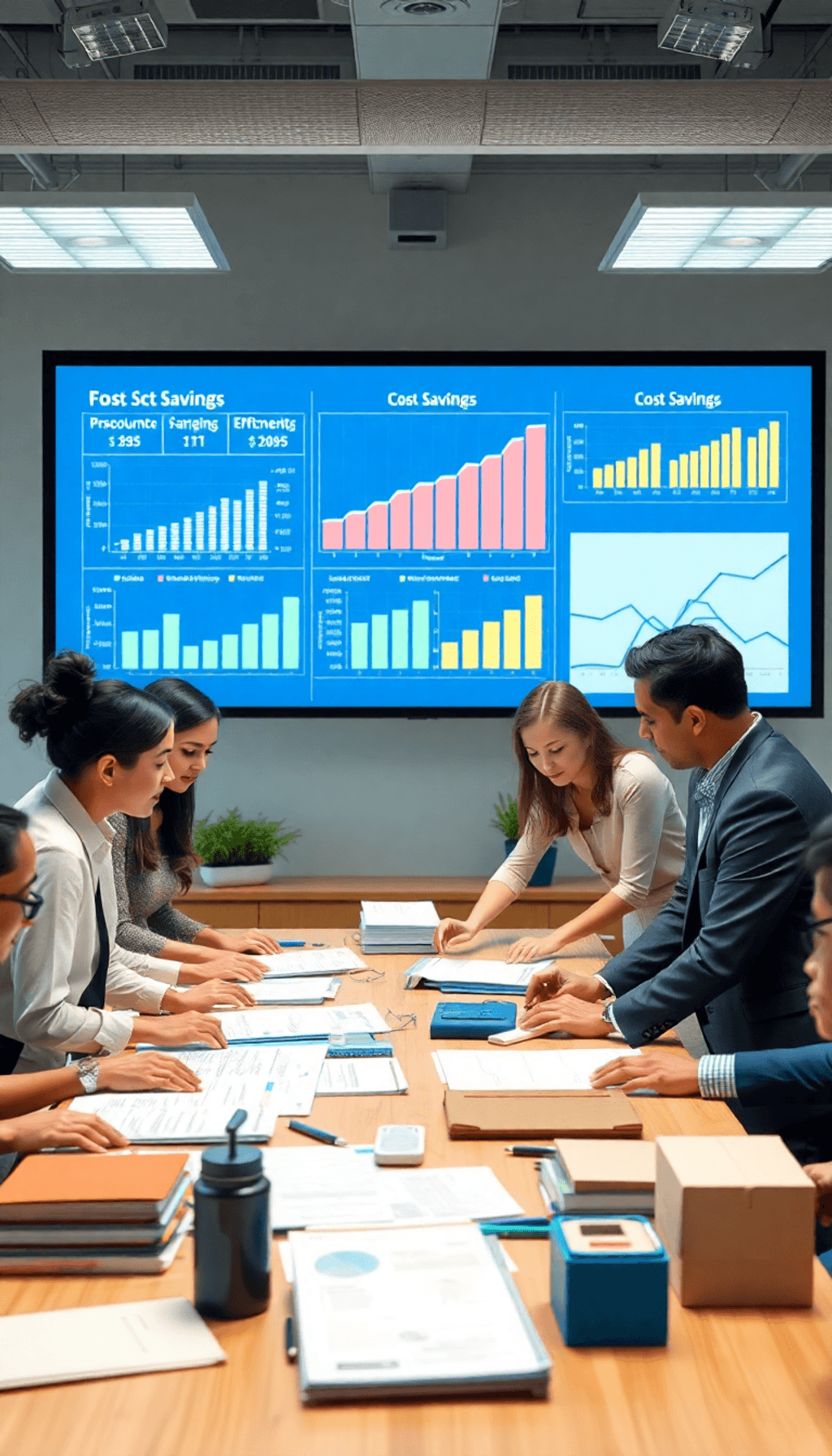 A modern office with a group of people collaborating over procurement documents, surrounded by charts on a screen highlighting cost savings and eff...