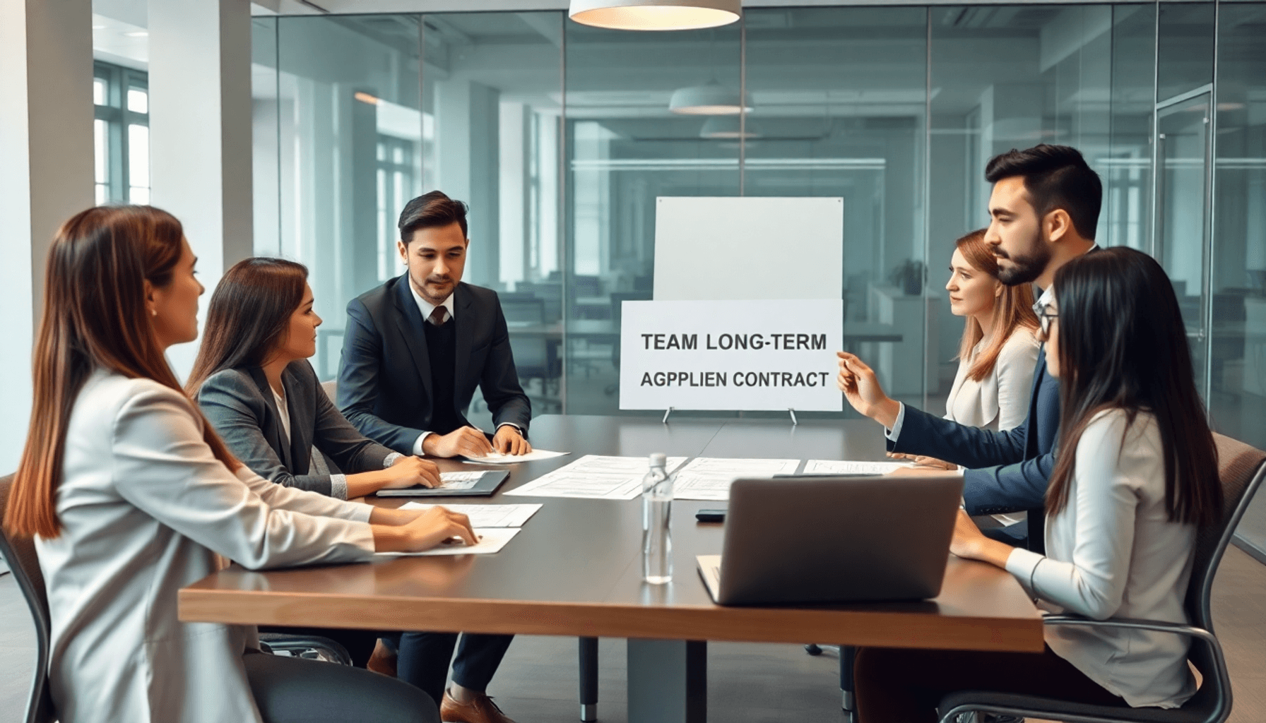 A modern office with business professionals discussing a supplier agreement, surrounded by documents and laptops, conveying collaboration and strat...