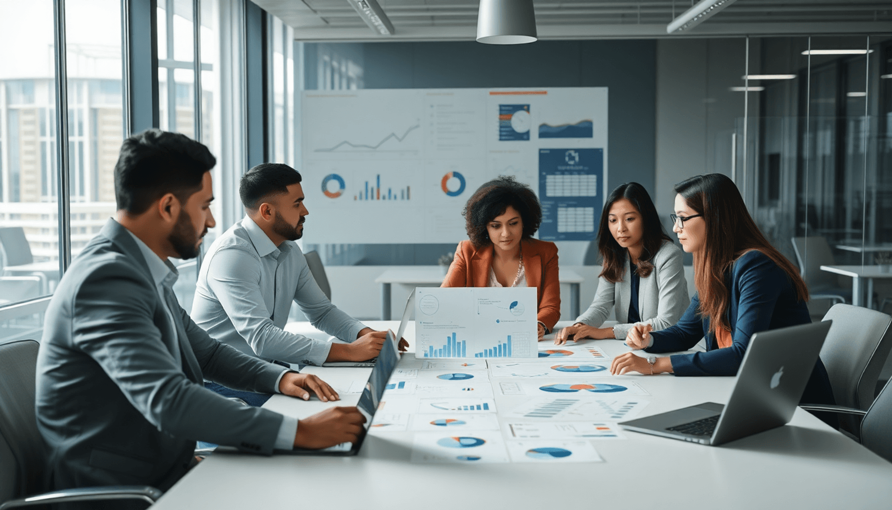 A modern office with professionals collaborating around a table, analyzing charts and data on laptops, symbolizing teamwork and efficient business ...