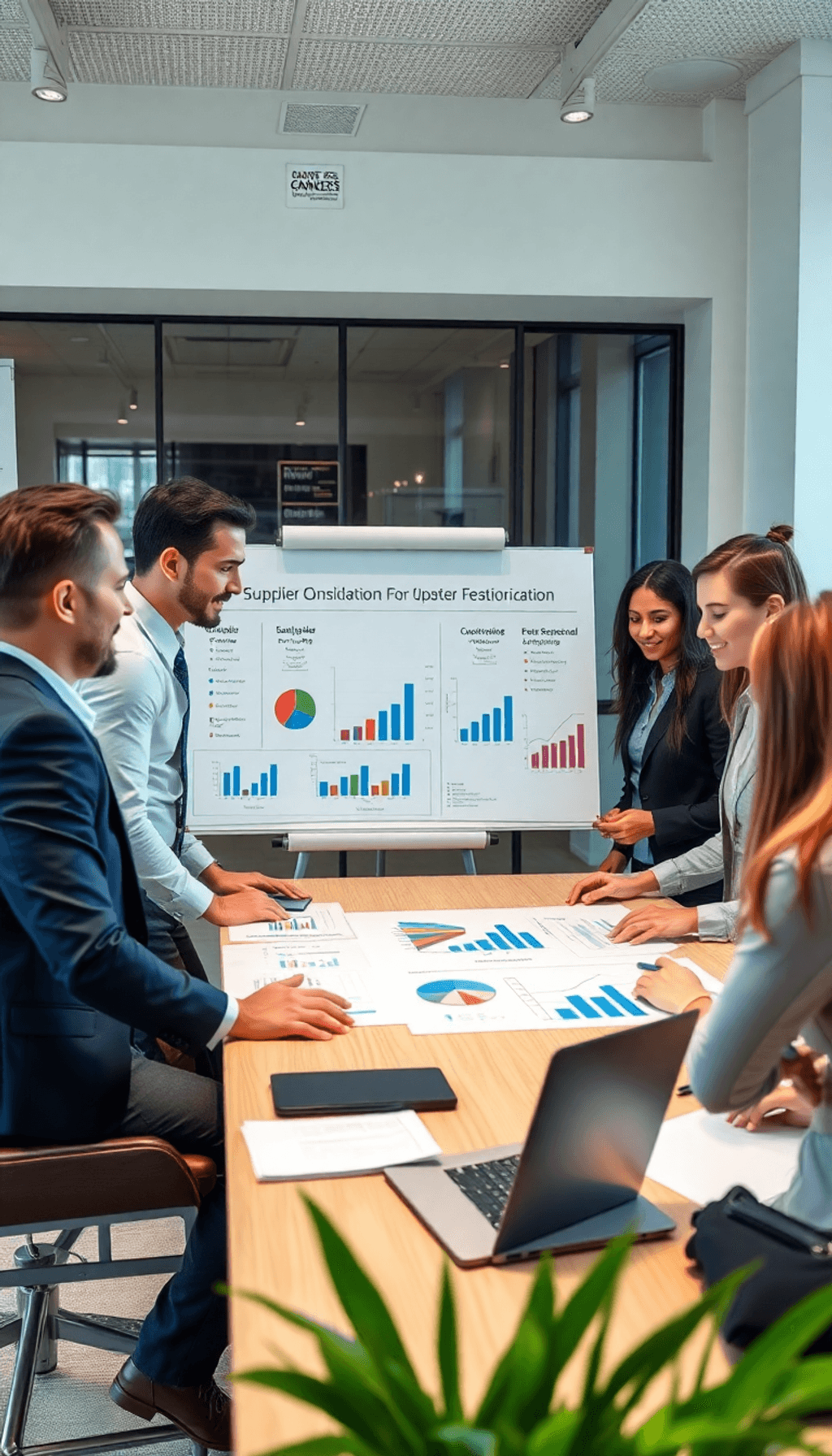 A modern office with professionals collaborating around a table, analyzing charts and graphs on laptops, with documents and a whiteboard displaying...