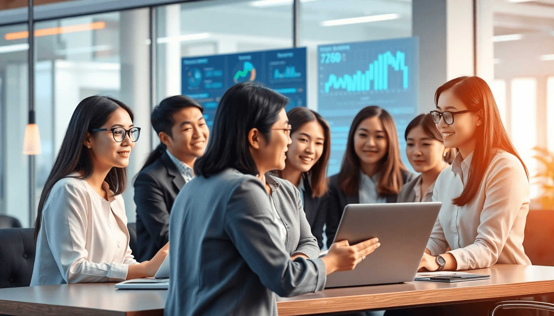 A modern office with professionals collaborating on artificial intelligence and procurement, featuring laptops, charts, and digital data interfaces.